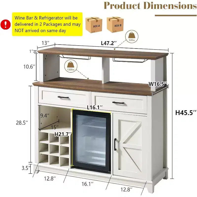 Meuble de bar à café de style ferme avec réfrigérateur pour boissons, meuble de salle à manger avec bar à vin 47", blanc