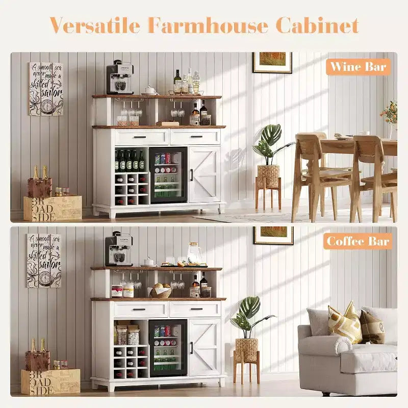 Meuble de bar à café de style ferme avec réfrigérateur pour boissons, meuble de salle à manger avec bar à vin 47", blanc
