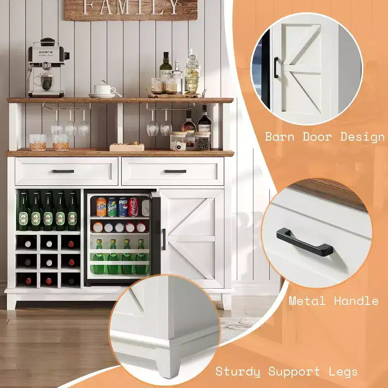 Meuble de bar à café de style ferme avec réfrigérateur pour boissons, meuble de salle à manger avec bar à vin 47", blanc