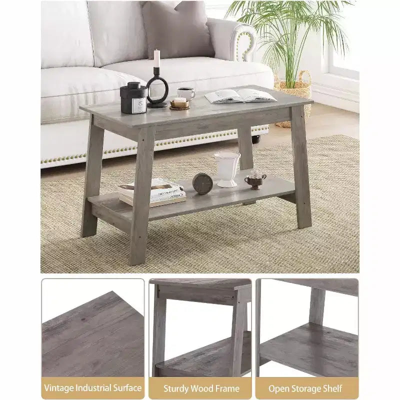 Table basse de ferme moderne avec étagère de rangement, table centrale rectangulaire à 2 niveaux, tables basses industrielles pour bureau à domicile