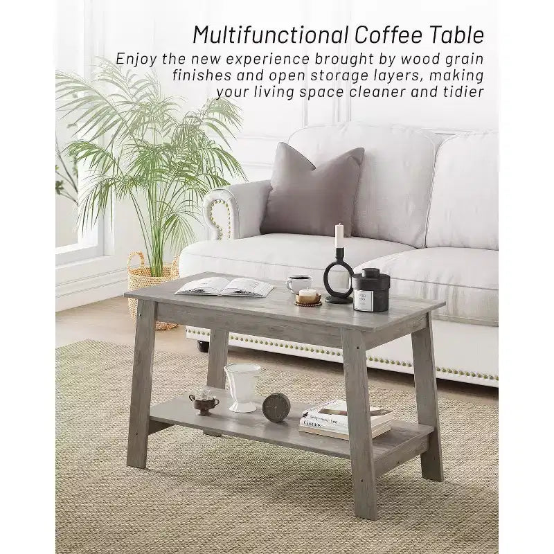 Table basse de ferme moderne avec étagère de rangement, table centrale rectangulaire à 2 niveaux, tables basses industrielles pour bureau à domicile