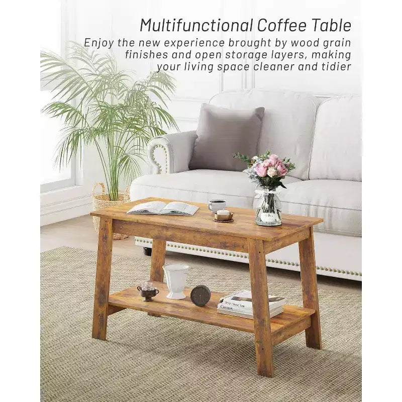 Table basse de ferme moderne avec étagère de rangement, table centrale rectangulaire à 2 niveaux, tables basses industrielles pour bureau à domicile