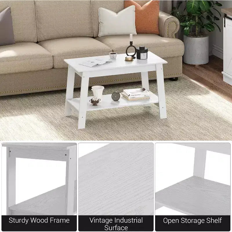 Table basse de ferme moderne avec étagère de rangement, table centrale rectangulaire à 2 niveaux, tables basses industrielles pour bureau à domicile