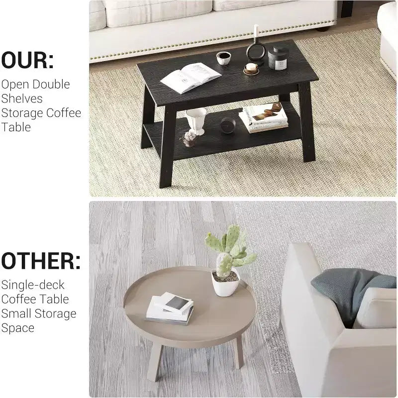 Table basse de ferme moderne avec étagère de rangement, table centrale rectangulaire à 2 niveaux, tables basses industrielles pour bureau à domicile