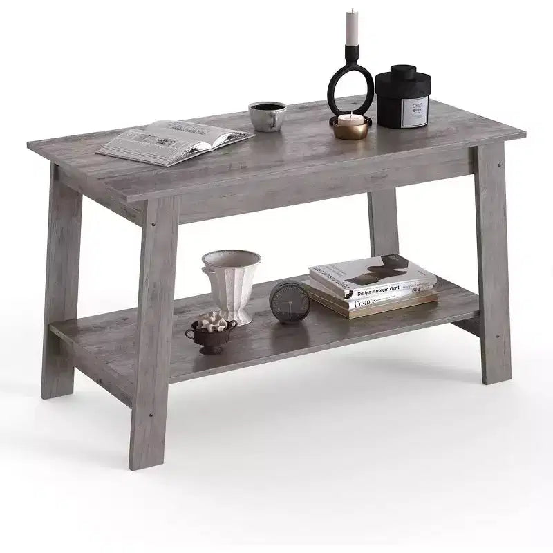Table basse de ferme moderne avec étagère de rangement, table centrale rectangulaire à 2 niveaux, tables basses industrielles pour bureau à domicile