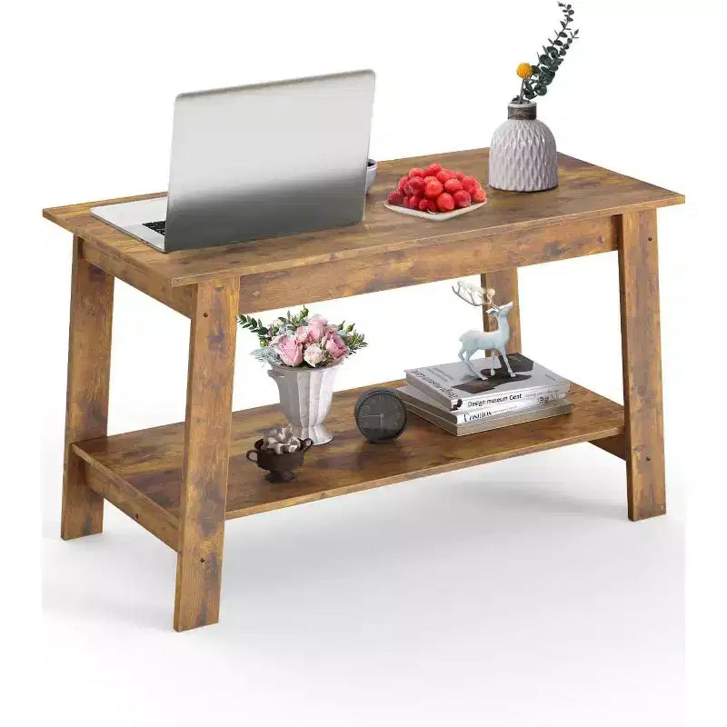 Table basse de ferme moderne avec étagère de rangement, table centrale rectangulaire à 2 niveaux, tables basses industrielles pour bureau à domicile