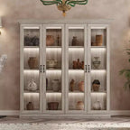 Famapy 4-Door Glass Display Cabinet Gray Oak Finish LED Strip Light Tempered Glass Doors LED Lighting Curio Pantry