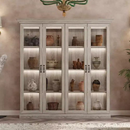 Famapy 4-Door Glass Display Cabinet Gray Oak Finish LED Strip Light Tempered Glass Doors LED Lighting Curio Pantry