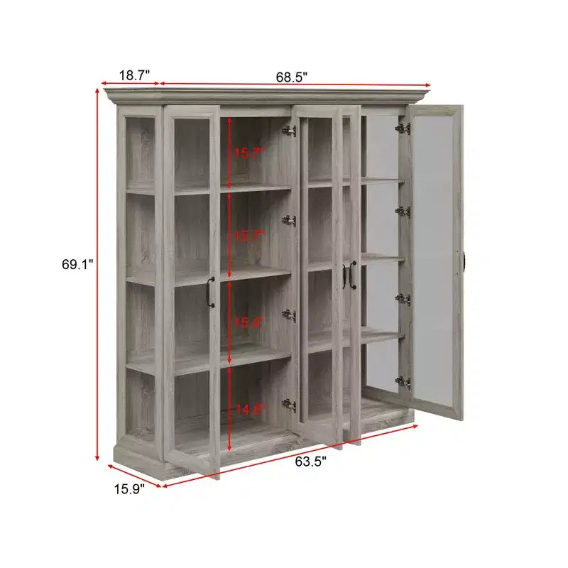 Vitrine 4 portes en chêne gris avec bande LED, portes en verre trempé, éclairage LED, meuble de rangement/garde-manger