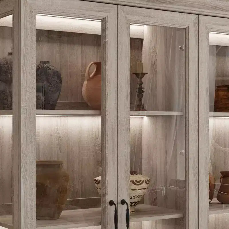 Vitrine 4 portes en chêne gris avec bande LED, portes en verre trempé, éclairage LED, meuble de rangement/garde-manger