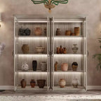 Vitrine 4 portes en chêne gris avec bande LED, portes en verre trempé, éclairage LED, meuble de rangement/garde-manger