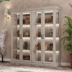 Vitrine 4 portes en chêne gris avec bande LED, portes en verre trempé, éclairage LED, meuble de rangement/garde-manger