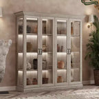 Vitrine 4 portes en chêne gris avec bande LED, portes en verre trempé, éclairage LED, meuble de rangement/garde-manger