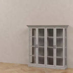 Vitrine 4 portes en chêne gris avec bande LED, portes en verre trempé, éclairage LED, meuble de rangement/garde-manger