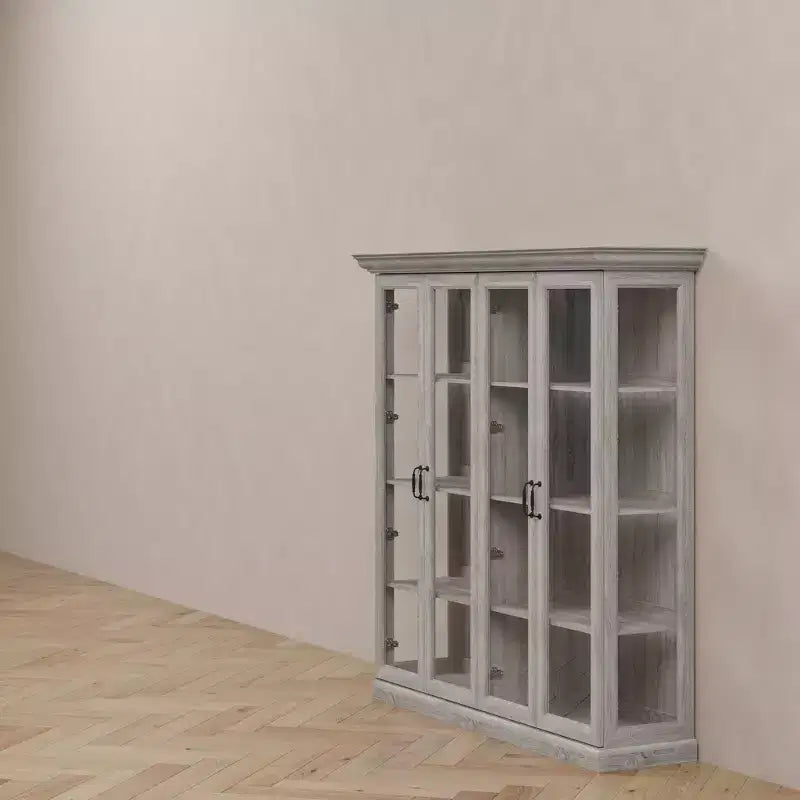 Vitrine 4 portes en chêne gris avec bande LED, portes en verre trempé, éclairage LED, meuble de rangement/garde-manger