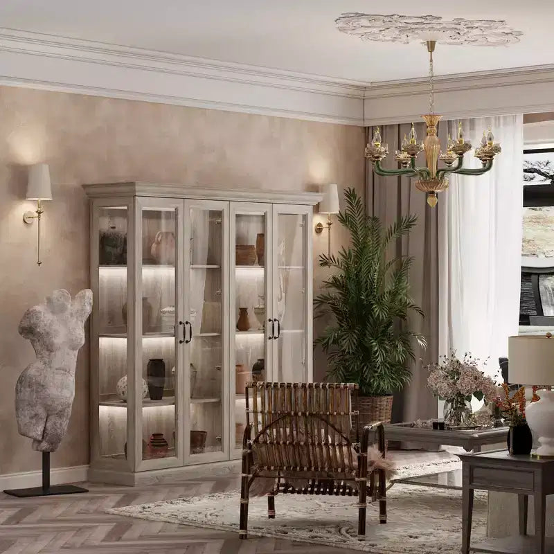Vitrine 4 portes en chêne gris avec bande LED, portes en verre trempé, éclairage LED, meuble de rangement/garde-manger