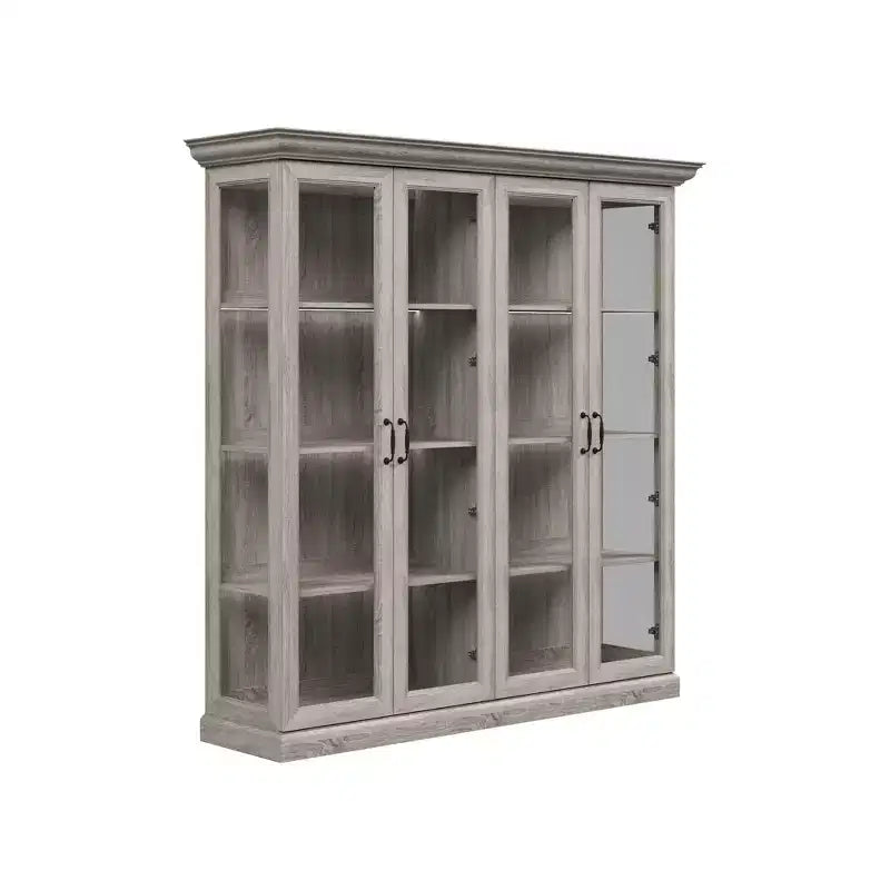 Vitrine 4 portes en chêne gris avec bande LED, portes en verre trempé, éclairage LED, meuble de rangement/garde-manger