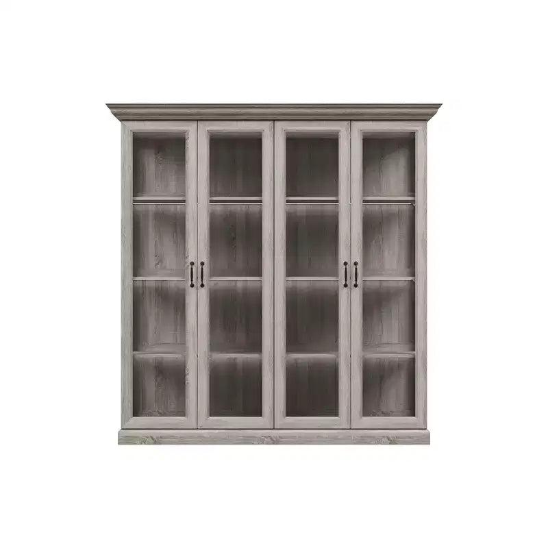 Vitrine 4 portes en chêne gris avec bande LED, portes en verre trempé, éclairage LED, meuble de rangement/garde-manger
