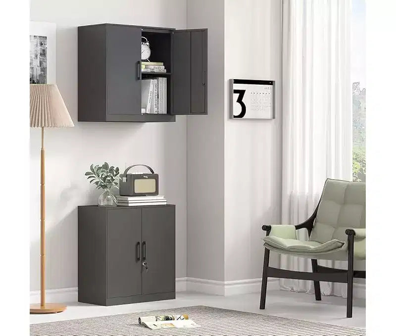 Armoire murale métallique, armoire murale noire à 2 portes, armoires suspendues avec poignée, pour garage, maison, bureau