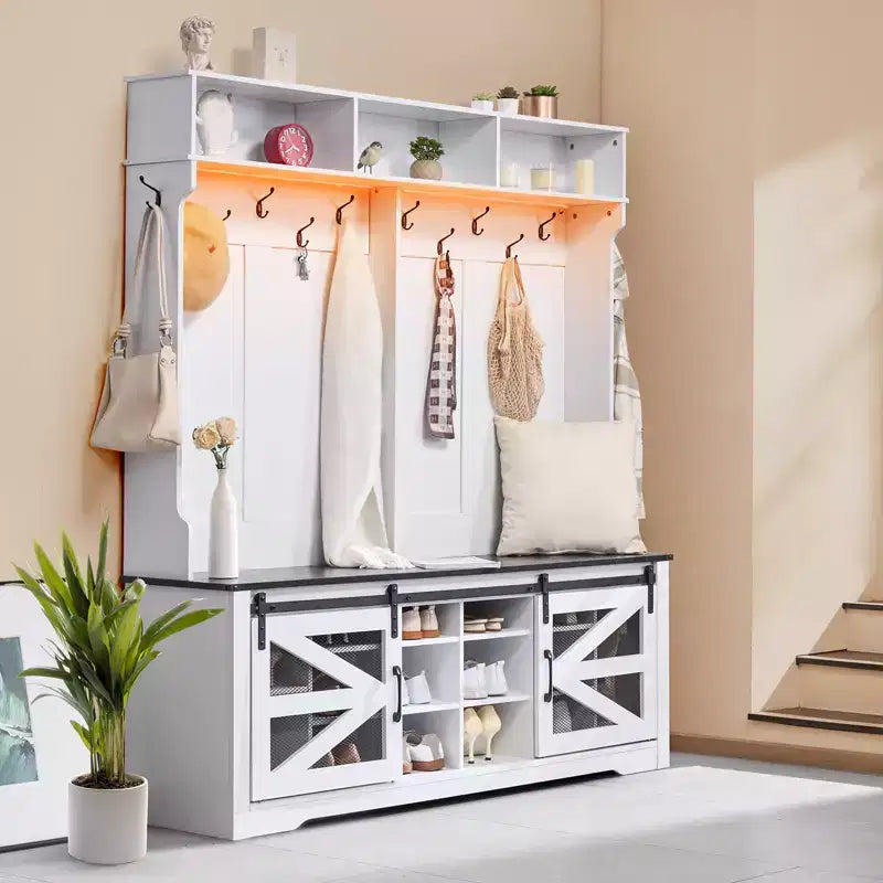 Banc d'entrée avec porte-manteau et rangement à chaussures, banc de vestiaire de 150 cm de large avec rangement et assise, étagères réglables et 12 crochets de suspension