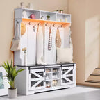 Banc d'entrée avec porte-manteau et rangement à chaussures, banc de vestiaire de 150 cm de large avec rangement et assise, étagères réglables et 12 crochets de suspension