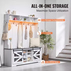 Banc d'entrée avec porte-manteau et rangement à chaussures, banc de vestiaire de 150 cm de large avec rangement et assise, étagères réglables et 12 crochets de suspension