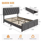 Cadre de lit Queen Size rembourré avec tiroirs de rangement, support à lattes en bois massif, aucun sommier tapissier requis