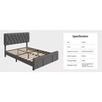 Cadre de lit Queen Size rembourré avec tiroirs de rangement, support à lattes en bois massif, aucun sommier tapissier requis