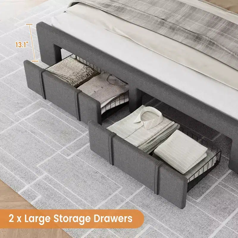 Cadre de lit Queen Size rembourré avec tiroirs de rangement, support à lattes en bois massif, aucun sommier tapissier requis