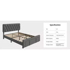 Cadre de lit Queen Size rembourré avec tiroirs de rangement, support à lattes en bois massif, aucun sommier tapissier requis