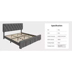 Cadre de lit Queen Size rembourré avec tiroirs de rangement, support à lattes en bois massif, aucun sommier tapissier requis
