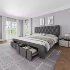 Queen Size Bed Frame Upholstered Platform with Storage Drawers Mattress Foundation Solid Wooden Slats Support No Box Spring Needed