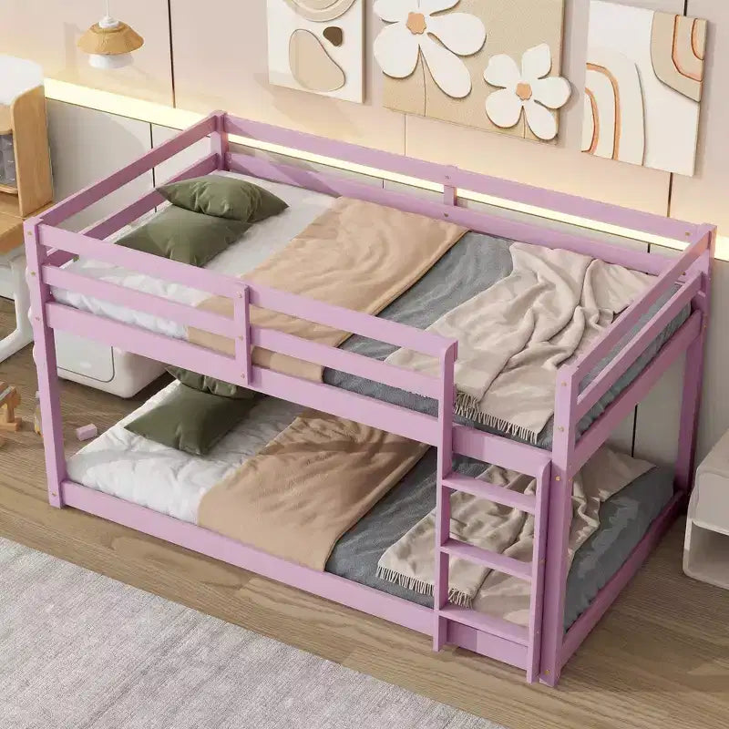 Lit superposé jumeau en bois d'hévéa, lit double superposé bas avec large échelle et lattes renforcées, lit superposé multifonctionnel pour enfants et adolescents