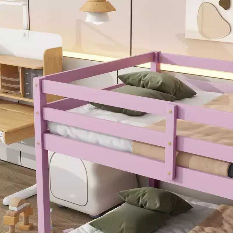 Lit superposé jumeau en bois d'hévéa, lit double superposé bas avec large échelle et lattes renforcées, lit superposé multifonctionnel pour enfants et adolescents