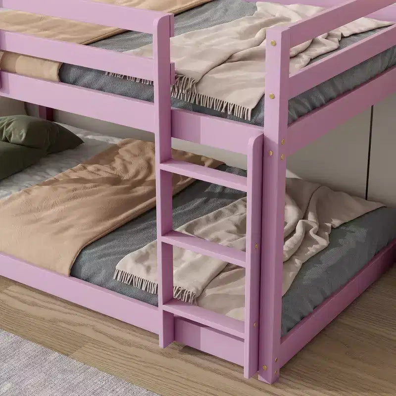 Lit superposé jumeau en bois d'hévéa, lit double superposé bas avec large échelle et lattes renforcées, lit superposé multifonctionnel pour enfants et adolescents