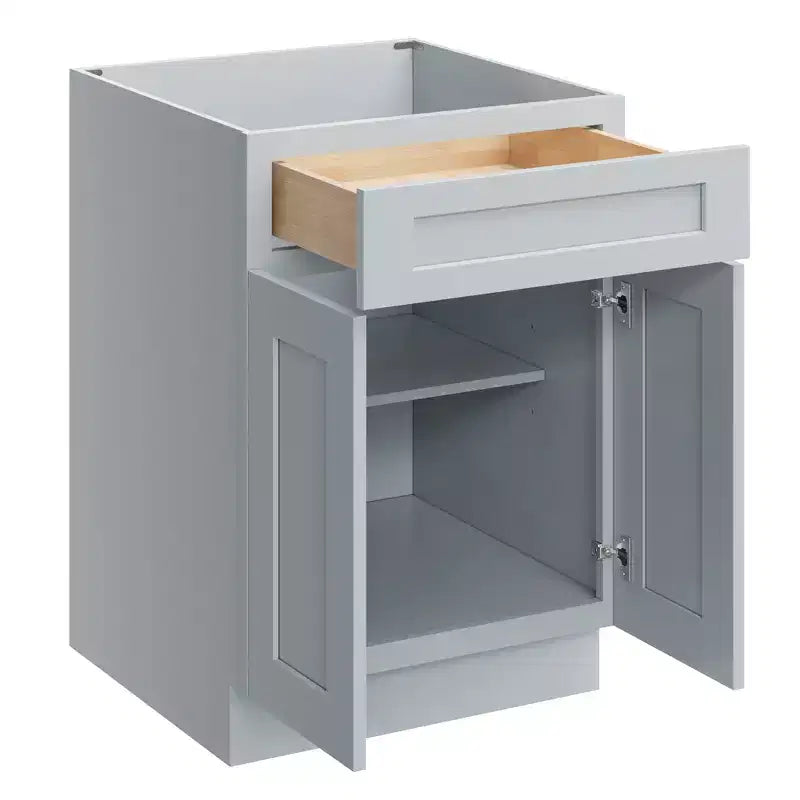 Meuble bas de cuisine de 24 po L x 34,5 po H x 24 po P avec tiroir et portes doubles, cadre en contreplaqué, recouvrement total, fermeture en douceur, prêt à assembler