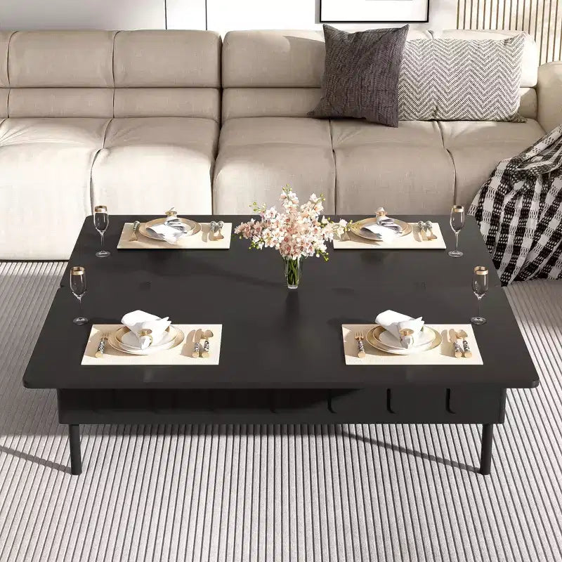 Table basse relevable avec 2 tiroirs, table de cocktail moderne, table d'appoint pour canapé, table de rangement avec plateau pliant, blanc/noir