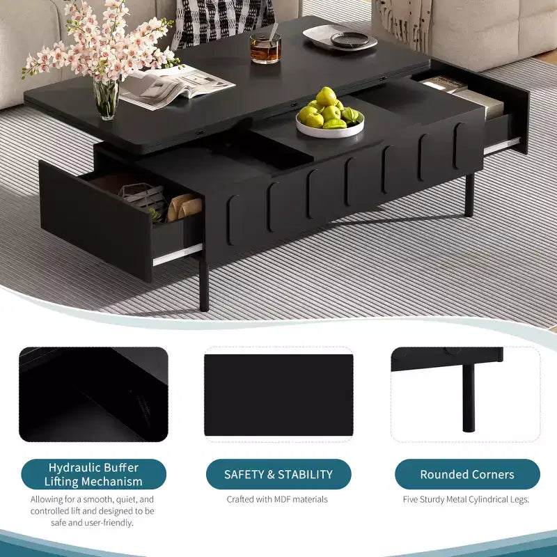 Table basse relevable avec 2 tiroirs, table de cocktail moderne, table d'appoint pour canapé, table de rangement avec plateau pliant, blanc/noir