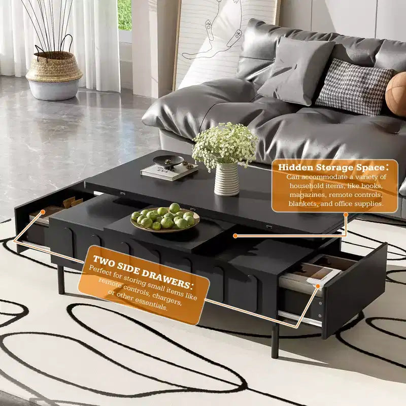 Table basse relevable avec 2 tiroirs, table de cocktail moderne, table d'appoint pour canapé, table de rangement avec plateau pliant, blanc/noir