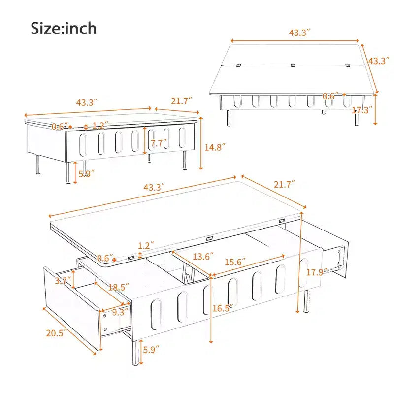 Table basse relevable avec 2 tiroirs, table de cocktail moderne, table d'appoint pour canapé, table de rangement avec plateau pliant, blanc/noir