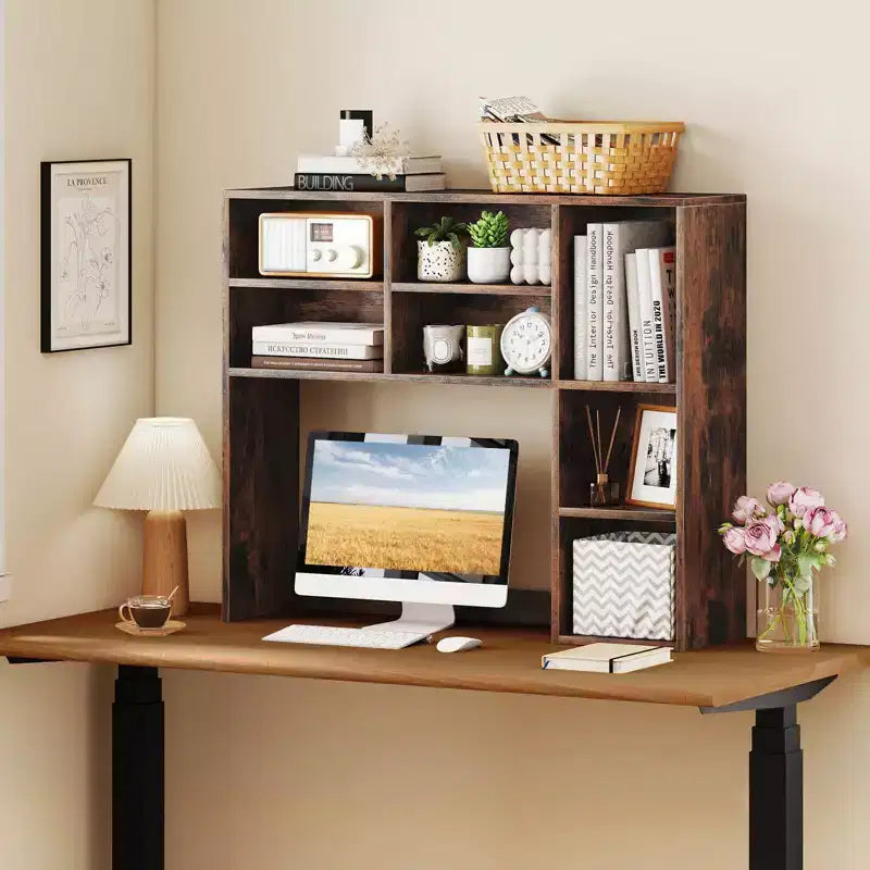 Étagère de bureau avec 7 compartiments ouverts et 3 étagères réglables Naturel/Beige/Gris/Marron/Blanc