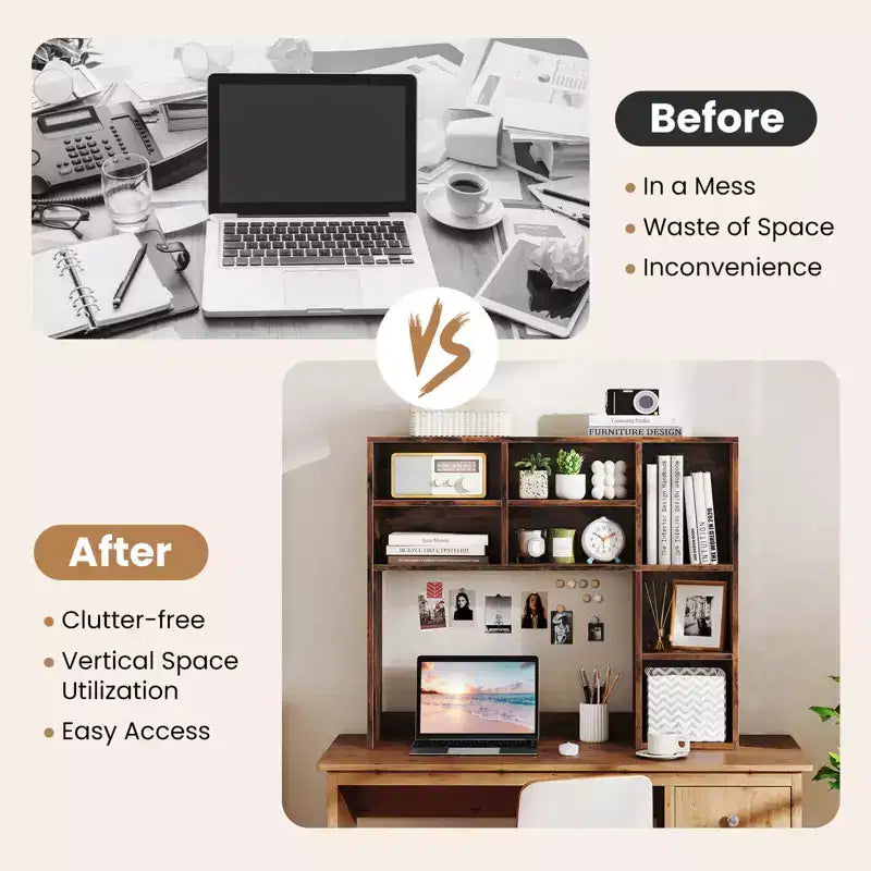 Étagère de bureau avec 7 compartiments ouverts et 3 étagères réglables Naturel/Beige/Gris/Marron/Blanc