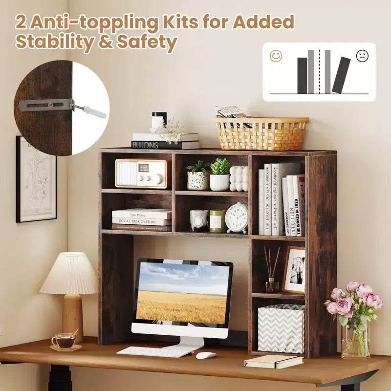 Étagère de bureau avec 7 compartiments ouverts et 3 étagères réglables Naturel/Beige/Gris/Marron/Blanc