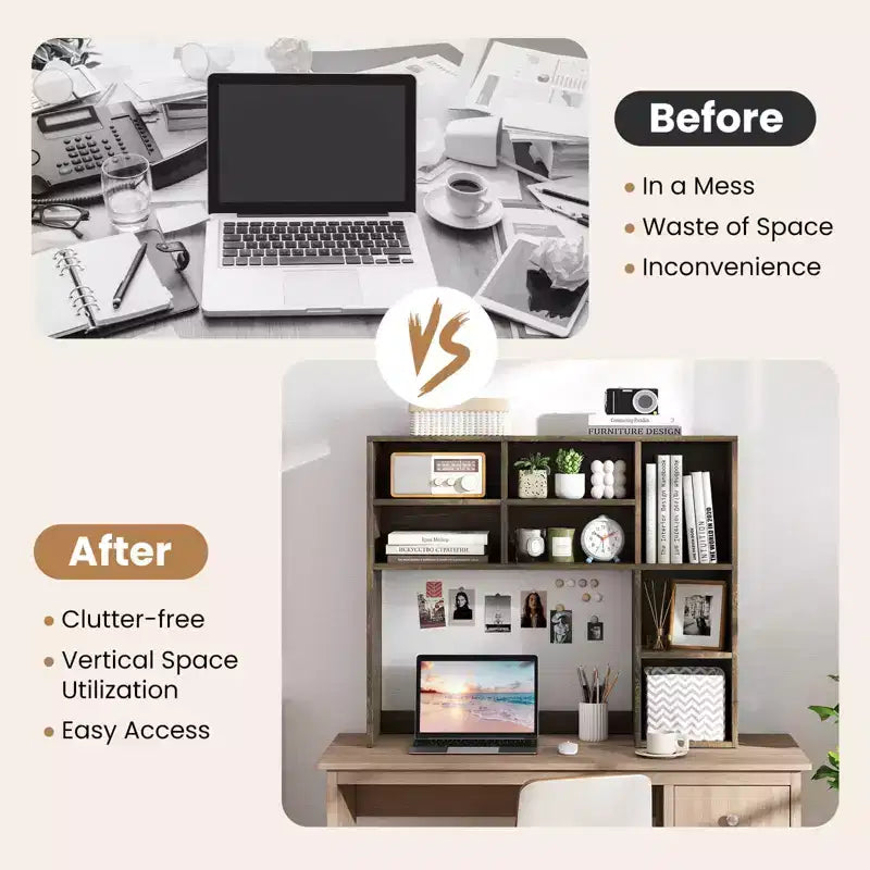 Étagère de bureau avec 7 compartiments ouverts et 3 étagères réglables Naturel/Beige/Gris/Marron/Blanc