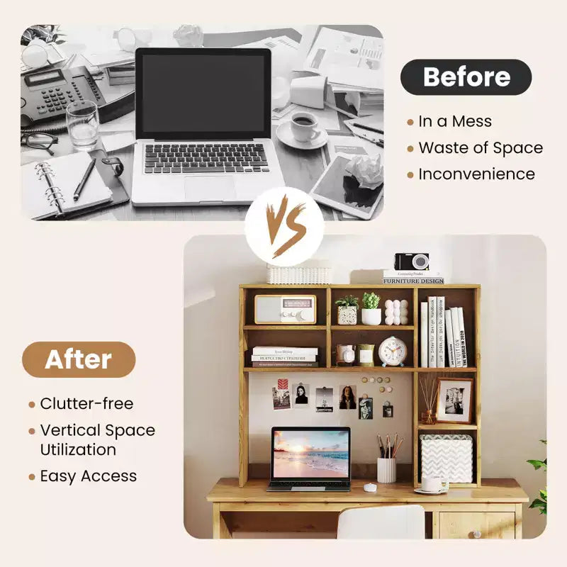 Étagère de bureau avec 7 compartiments ouverts et 3 étagères réglables Naturel/Beige/Gris/Marron/Blanc