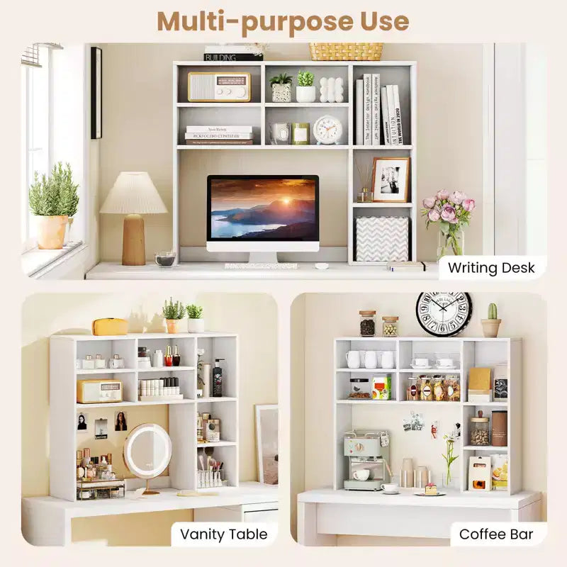 Étagère de bureau avec 7 compartiments ouverts et 3 étagères réglables Naturel/Beige/Gris/Marron/Blanc