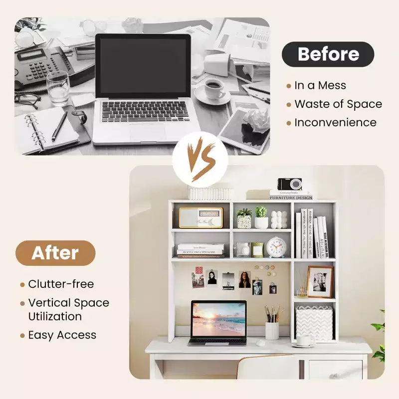 Étagère de bureau avec 7 compartiments ouverts et 3 étagères réglables Naturel/Beige/Gris/Marron/Blanc