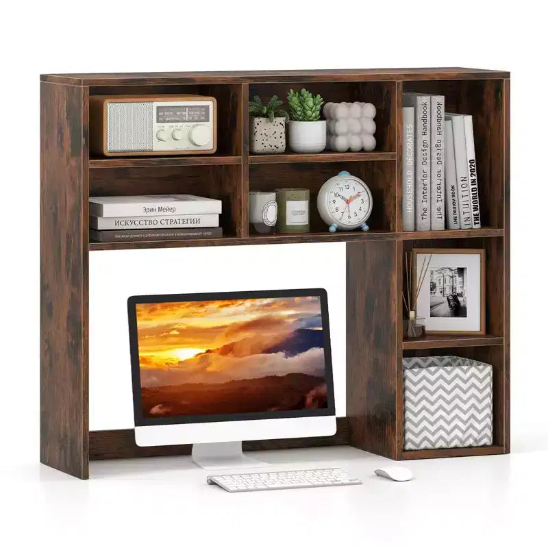 Étagère de bureau avec 7 compartiments ouverts et 3 étagères réglables Naturel/Beige/Gris/Marron/Blanc