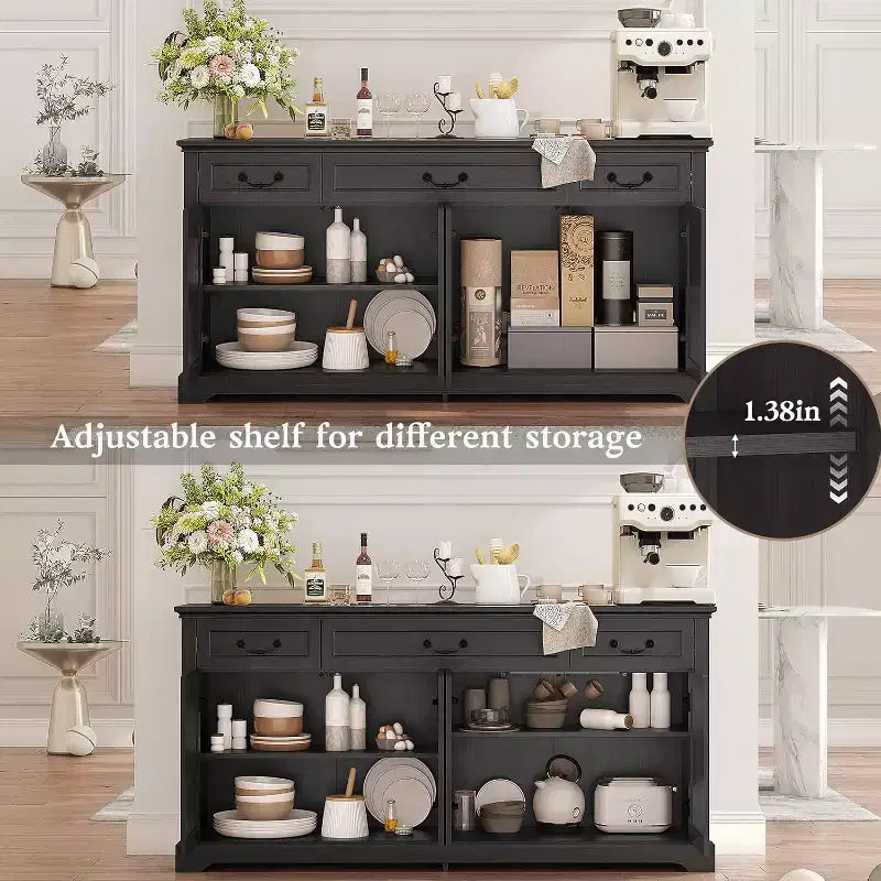 Grand buffet de rangement 65, bahut de cuisine de style campagnard avec 3 tiroirs et 4 portes, meuble de bar à café et à vin avec rangement, Noyer
