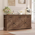 Grand buffet de rangement 65, bahut de cuisine de style campagnard avec 3 tiroirs et 4 portes, meuble de bar à café et à vin avec rangement, Noyer